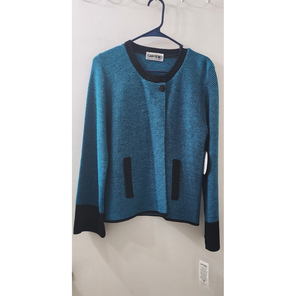 San Remo Laura Knits Teal Black Cardigan Sweater Made in USA Size S Style 3682